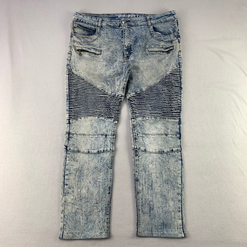Denim & Rivets Moto Biker Jeans Mens 40 Blue Acid Wash Stacked Skinny Stretch